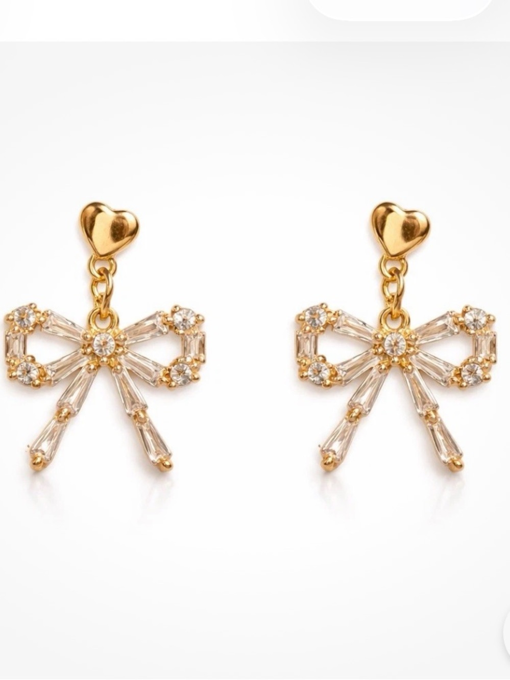 “NWT Betsey Johnson Gold Crystal Baguette Bow Heart Drop Earrings NIB